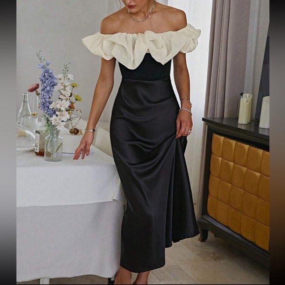 Dresses & Skirts - Off shoulder white ruffle black satin midi / maxi dress